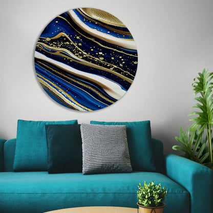 Abstracte waterval kunst met gouden accenten aluminium muurcirkel
