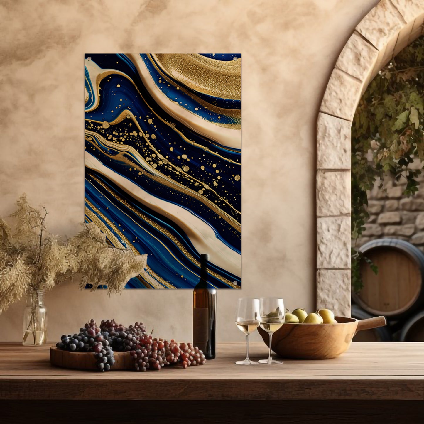 Abstracte waterval kunst met gouden accenten tuinposter