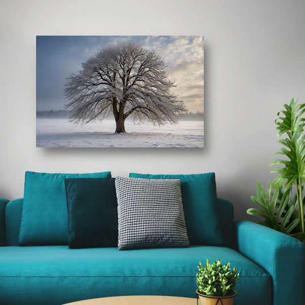 Winterboom in besneeuwd landschap bij zonsondergang acrylglas