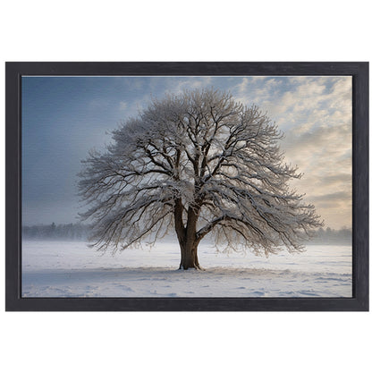 Winterboom in besneeuwd landschap bij zonsondergang canvas met baklijst