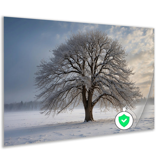 Winterboom in besneeuwd landschap bij zonsondergang poster