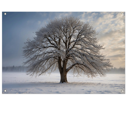 Winterboom in besneeuwd landschap bij zonsondergang tuinposter