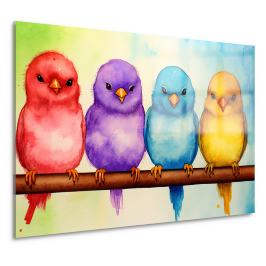 Gezellige kleurrijke vogels op een tak acrylglas