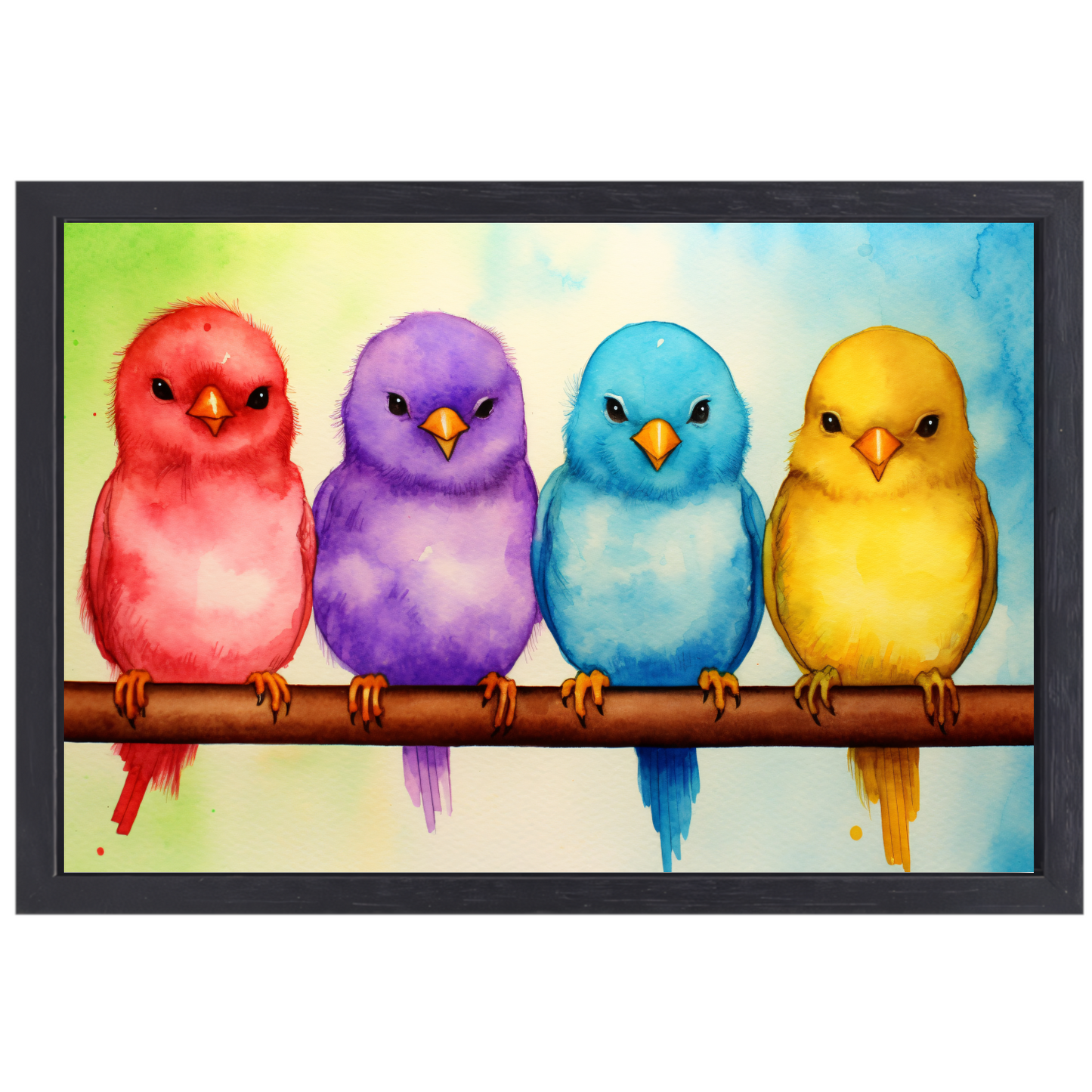 Gezellige kleurrijke vogels op een tak canvas met baklijst