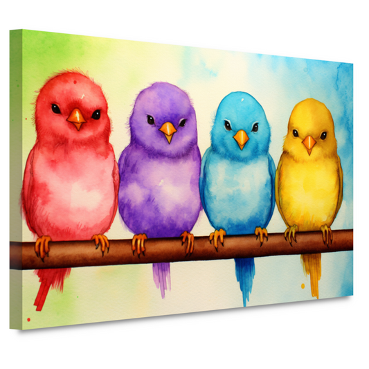 Gezellige kleurrijke vogels op een tak canvas