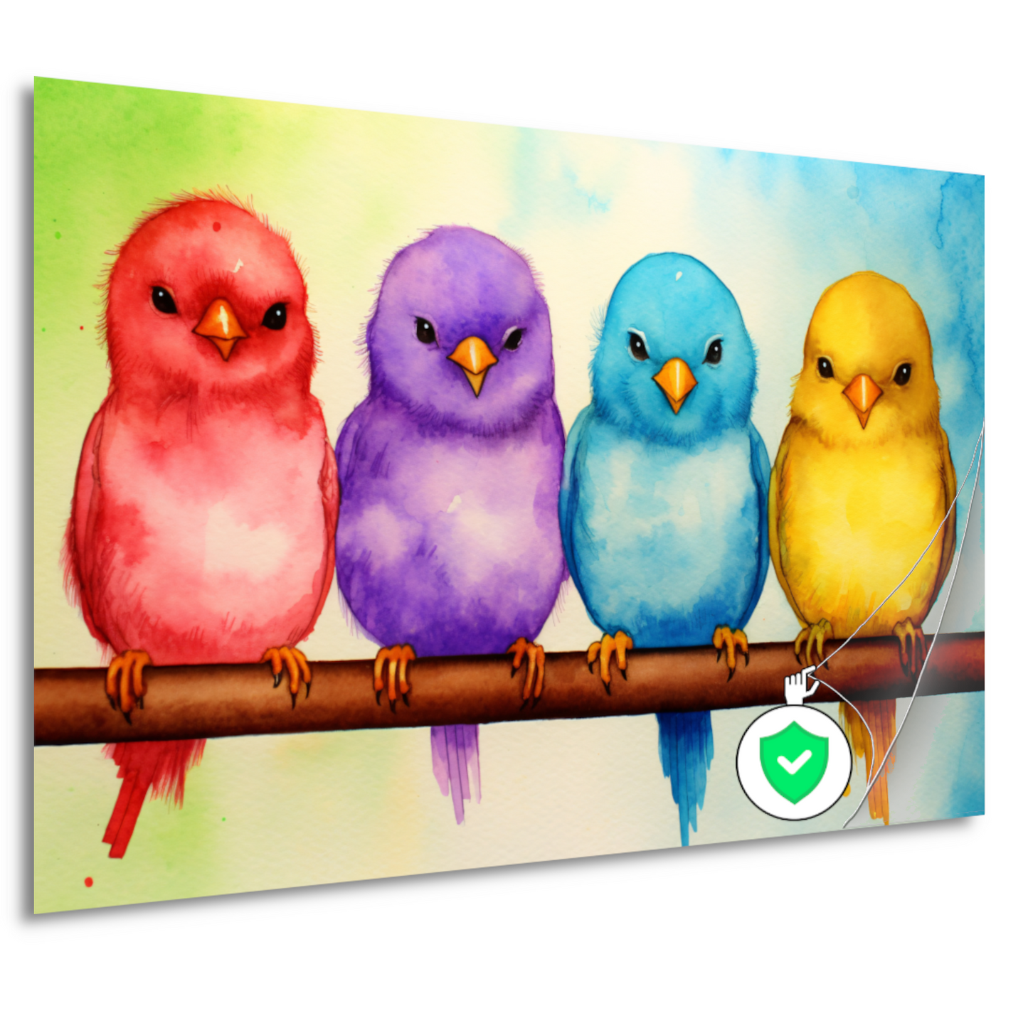Gezellige kleurrijke vogels op een tak poster