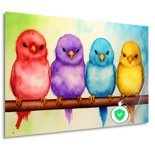 Gezellige kleurrijke vogels op een tak poster