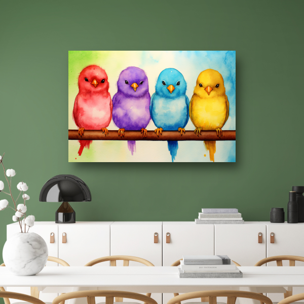 Gezellige kleurrijke vogels op een tak canvas met baklijst