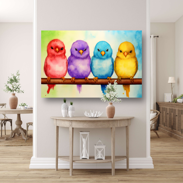 Gezellige kleurrijke vogels op een tak canvas met baklijst