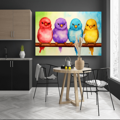 Gezellige kleurrijke vogels op een tak canvas met baklijst