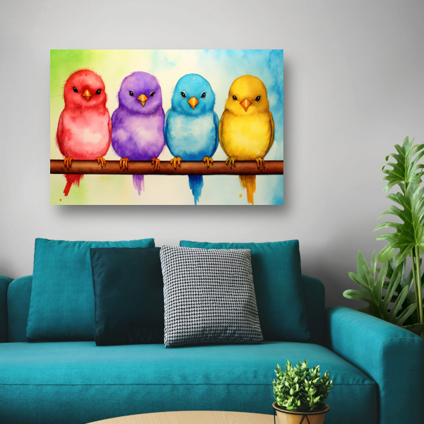 Gezellige kleurrijke vogels op een tak canvas met baklijst