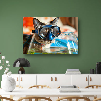 Kat met duikbril boven een vissenkomcanvas