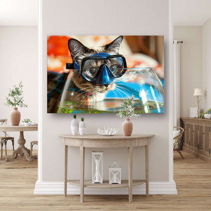 Kat met duikbril boven een vissenkomcanvas