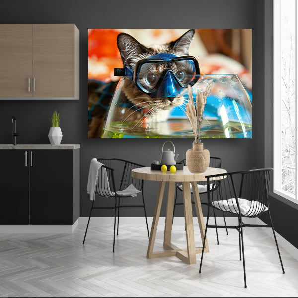 Kat met duikbril boven een vissenkom acrylglas