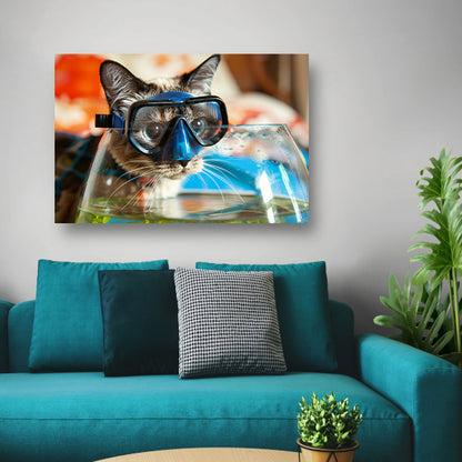 Kat met duikbril boven een vissenkomcanvas