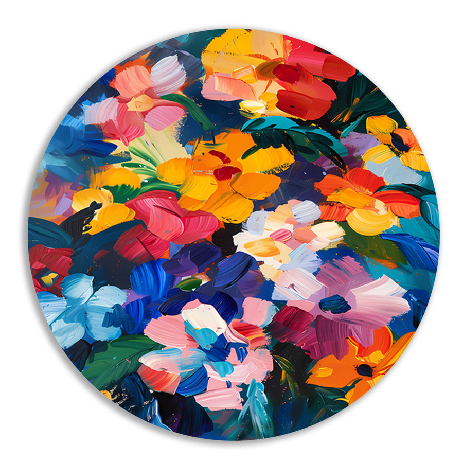 Explosie van kleuren in abstract bloemenschilderij aluminium muurcirkel