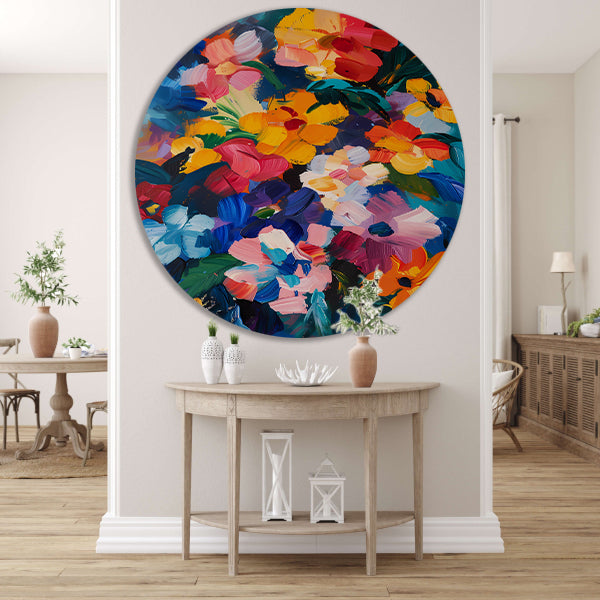 Explosie van kleuren in abstract bloemenschilderij forex muurcirkel