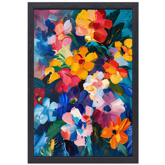 Explosie van kleuren in abstract bloemenschilderij canvas met baklijst