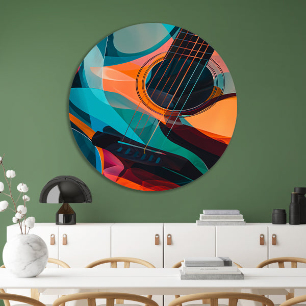 Abstract Kubistische Gitaar in Levendige Kleuren aluminium muurcirkel
