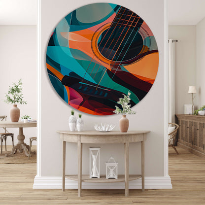 Abstract Kubistische Gitaar in Levendige Kleuren aluminium muurcirkel