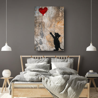 Silhouet van kat met rood hartvormige ballon poster