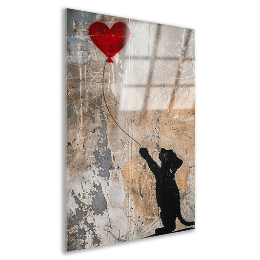 Silhouet van kat met rood hartvormige ballon acrylglas