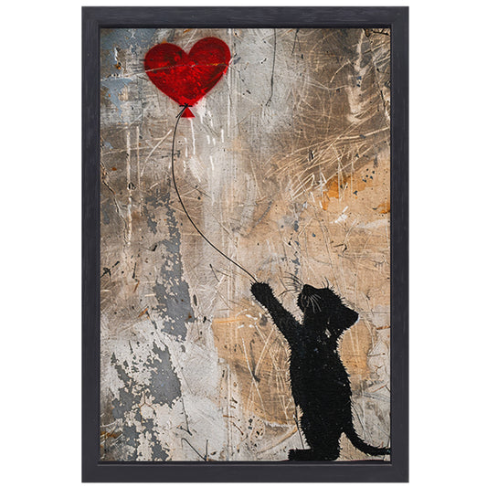 Silhouet van kat met rood hartvormige ballon canvas met baklijst