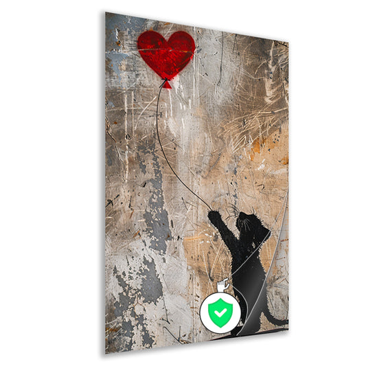 Silhouet van kat met rood hartvormige ballon poster