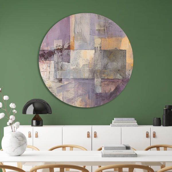 Moderne abstracte skyline met paarse tinten aluminium muurcirkel