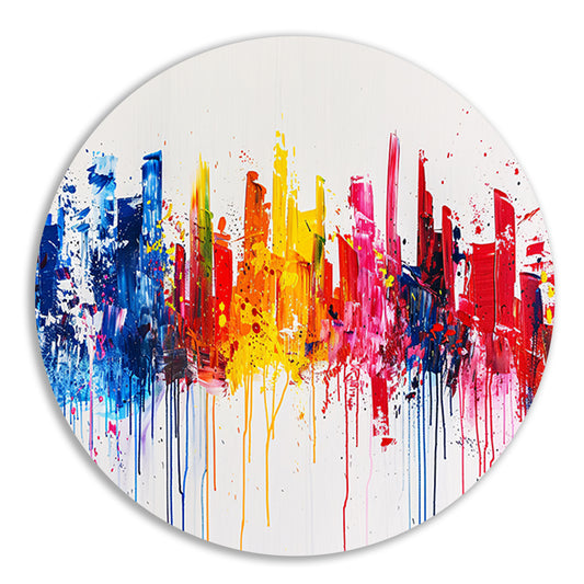 Abstracte kleurrijke skyline op witte achtergrond aluminium muurcirkel