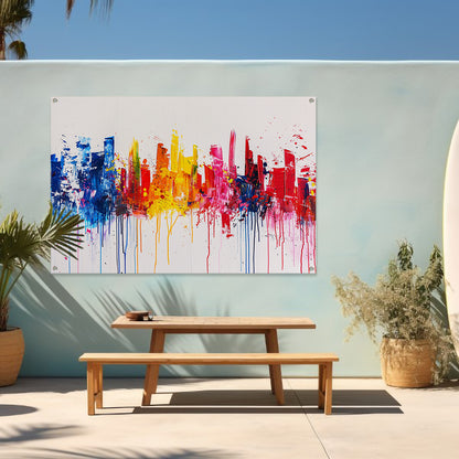 Abstracte kleurrijke skyline op witte achtergrond tuinposter