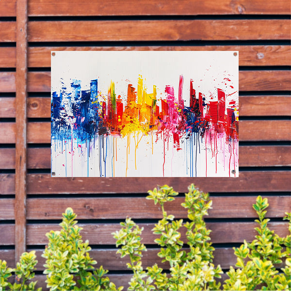 Abstracte kleurrijke skyline op witte achtergrond tuinposter