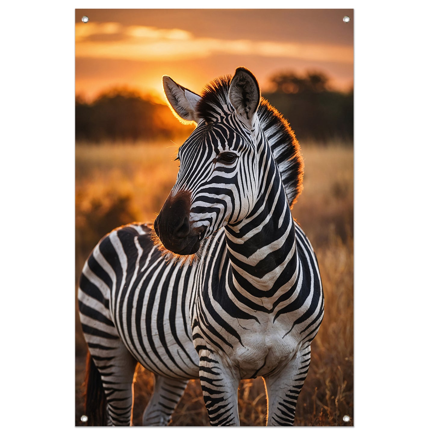 Zebra bij zonsondergang in savanne tuinposter