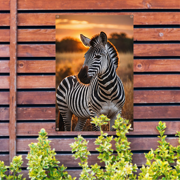 Zebra bij zonsondergang in savanne tuinposter