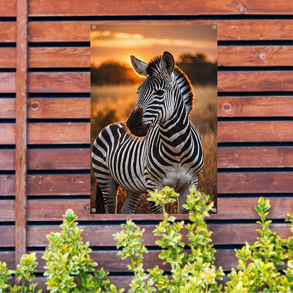 Zebra bij zonsondergang in savanne tuinposter