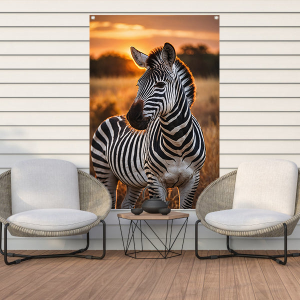 Zebra bij zonsondergang in savanne tuinposter