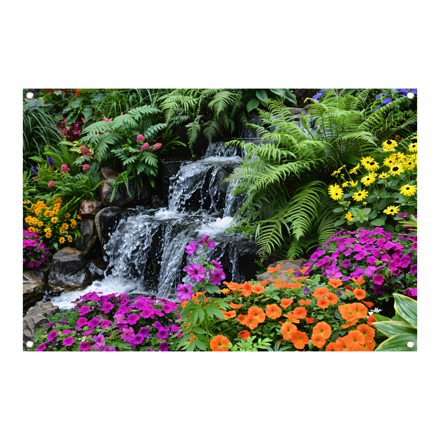 Waterval in kleurrijke bloementuin tuinposter