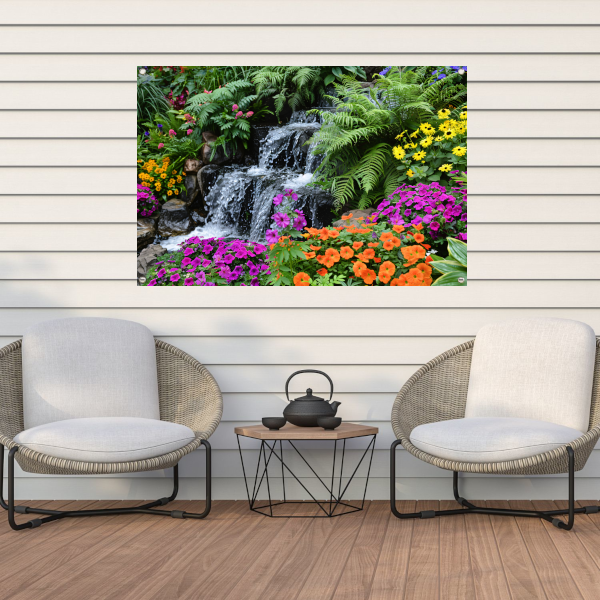 Waterval in kleurrijke bloementuin tuinposter