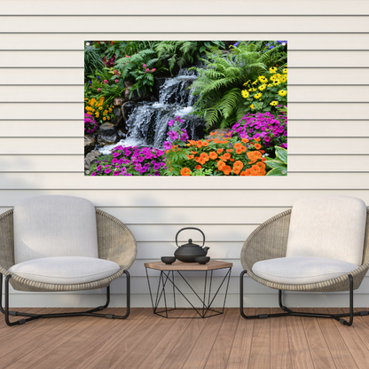Waterval in kleurrijke bloementuin tuinposter