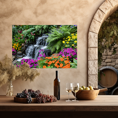 Waterval in kleurrijke bloementuin tuinposter
