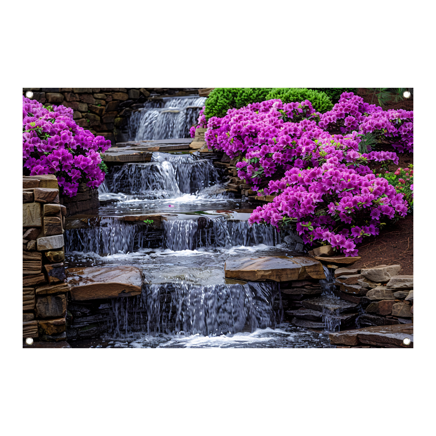 Tuin met paarse rhododendrons en watervallen tuinposter