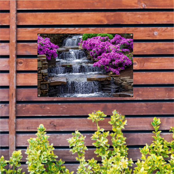 Tuin met paarse rhododendrons en watervallen tuinposter