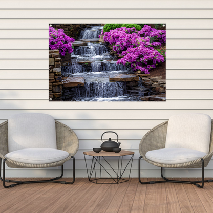 Tuin met paarse rhododendrons en watervallen tuinposter