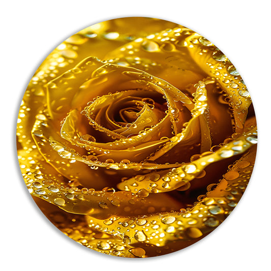 Gouden roos met schitterende waterdruppels in detail aluminium muurcirkel