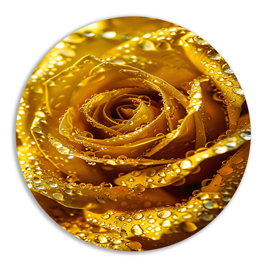Gouden roos met schitterende waterdruppels in detail aluminium muurcirkel