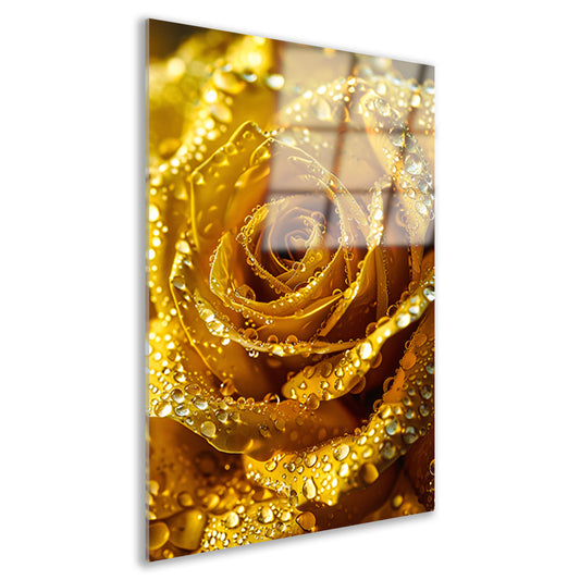 Gouden roos met schitterende waterdruppels in detail acrylglas