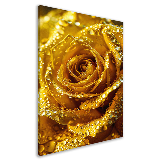 Gouden roos met schitterende waterdruppels in detail canvas