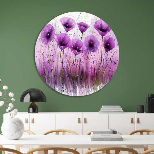 Abstracte paarse bloemen in kleurrijk design aluminium muurcirkel