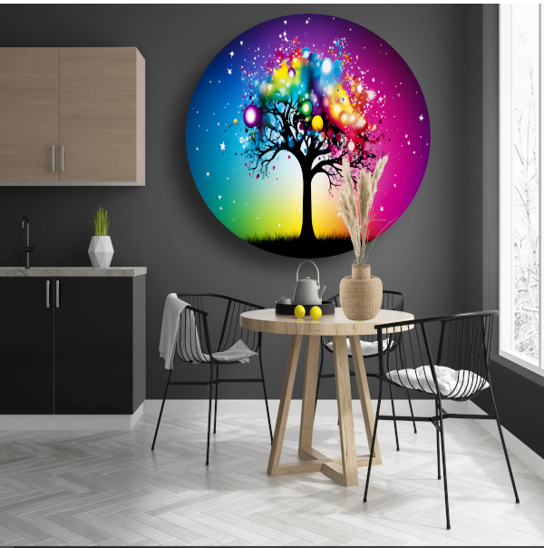 Kleurrijke boom in regenboog aluminium muurcirkel