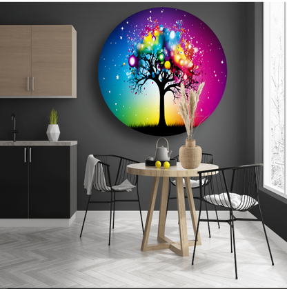 Kleurrijke boom in regenboog aluminium muurcirkel